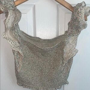 Altar'd State Floral Smocked Crop Top - Green and Cream